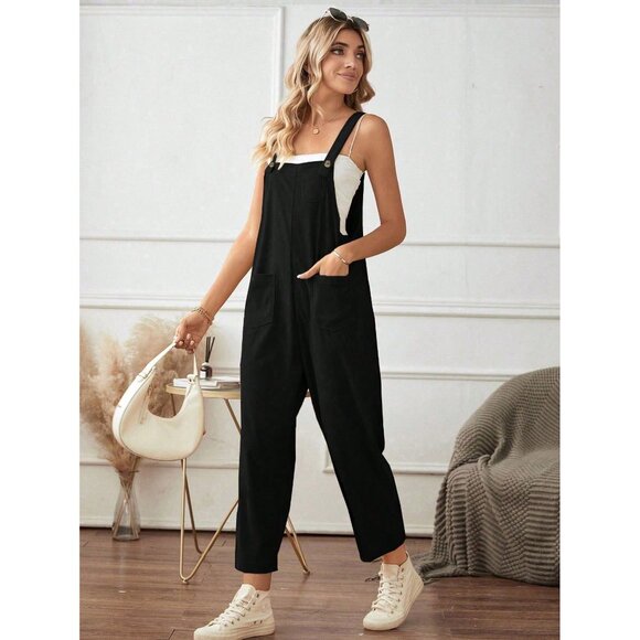Boho overalls with pockets casual wide leg jumpsuit black